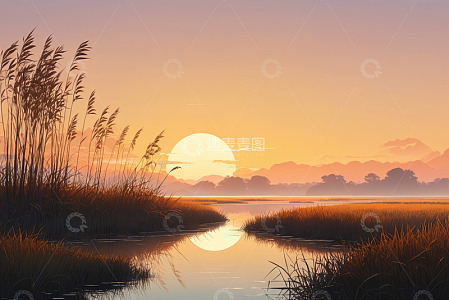夕阳下河畔芦苇自然风光