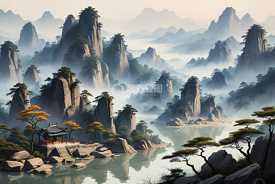 中式山水景观古建筑场景