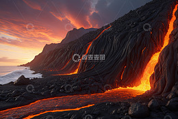 海边火山熔岩流动景象