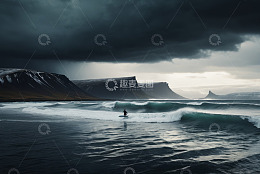 海岸边单人冲浪风景