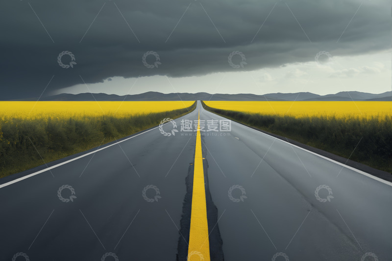 高清大图下载【趣麦麦图】公路穿行金黄花田与阴沉天空