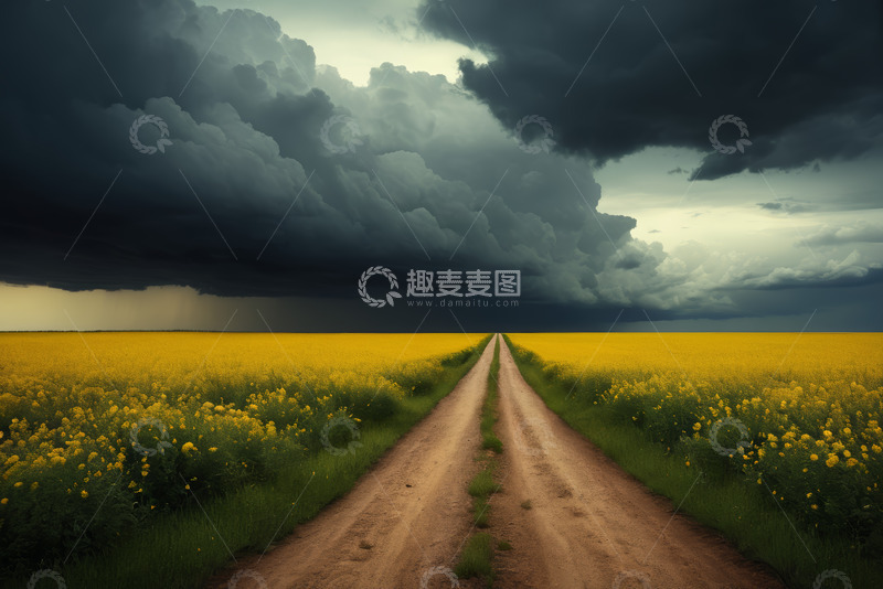 高清大图下载【趣麦麦图】田野间土路与乌云密布的天空
