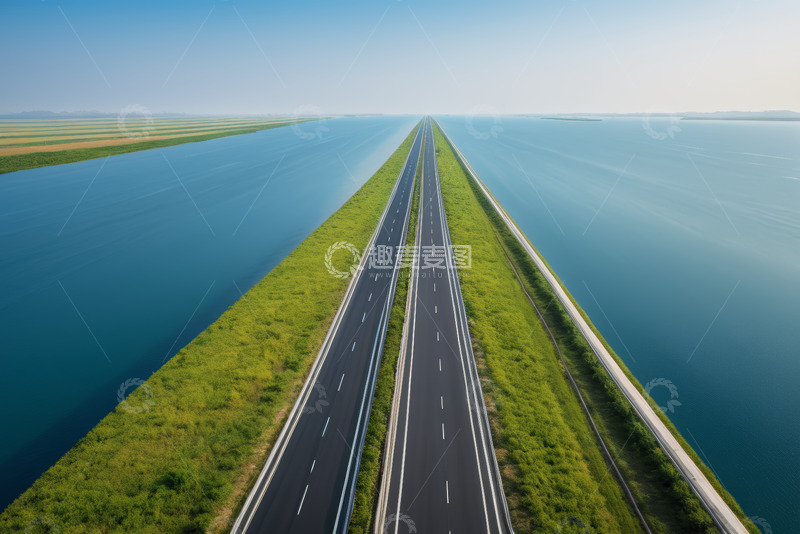 高清大图下载【趣麦麦图】公路贯穿水域的航拍风景