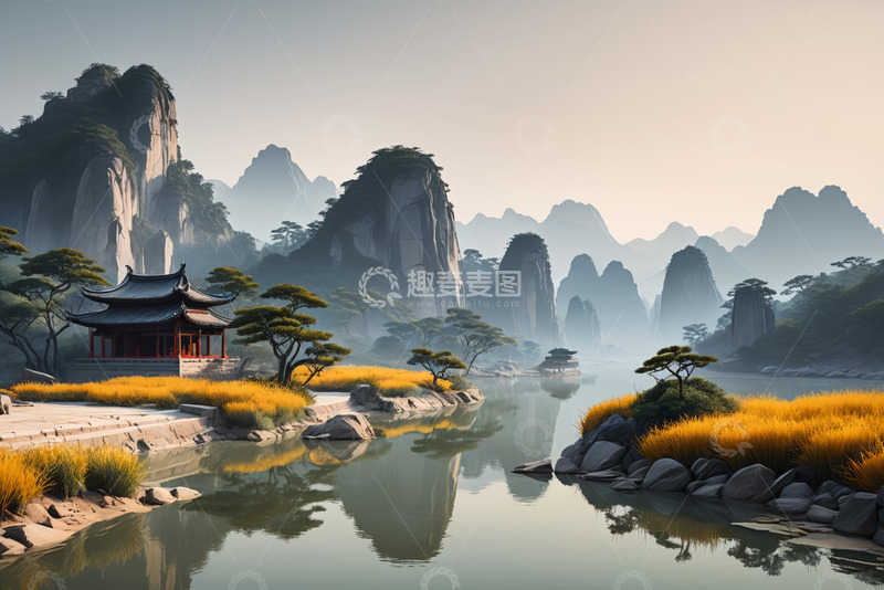 高清大图下载【趣麦麦图】中国风山水景观中的古建筑