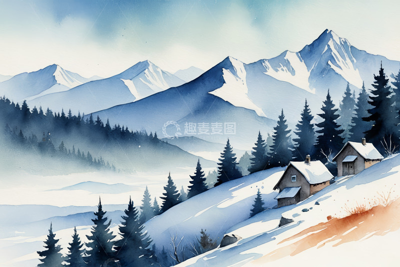 高清大图下载【趣麦麦图】雪山下的雪屋与松树林景观