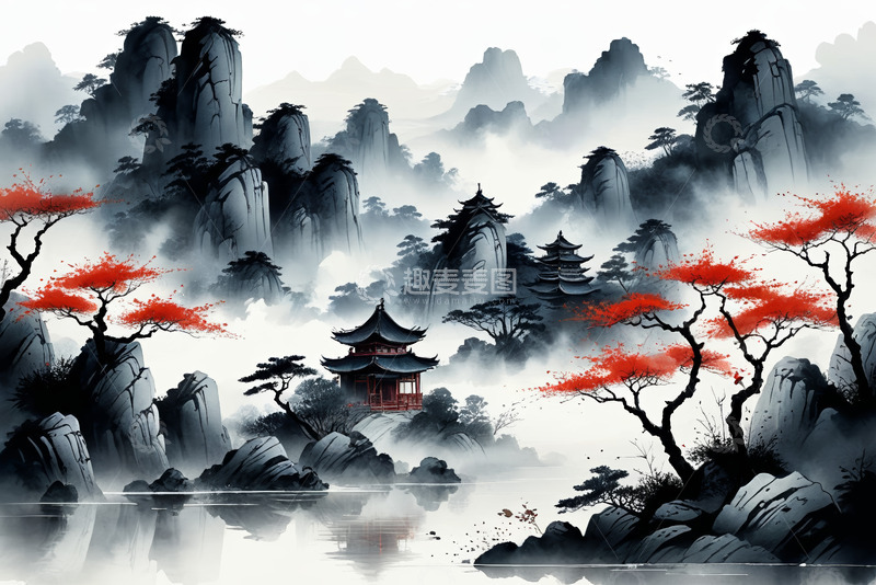 高清大图下载【趣麦麦图】水墨风格中式山水风景