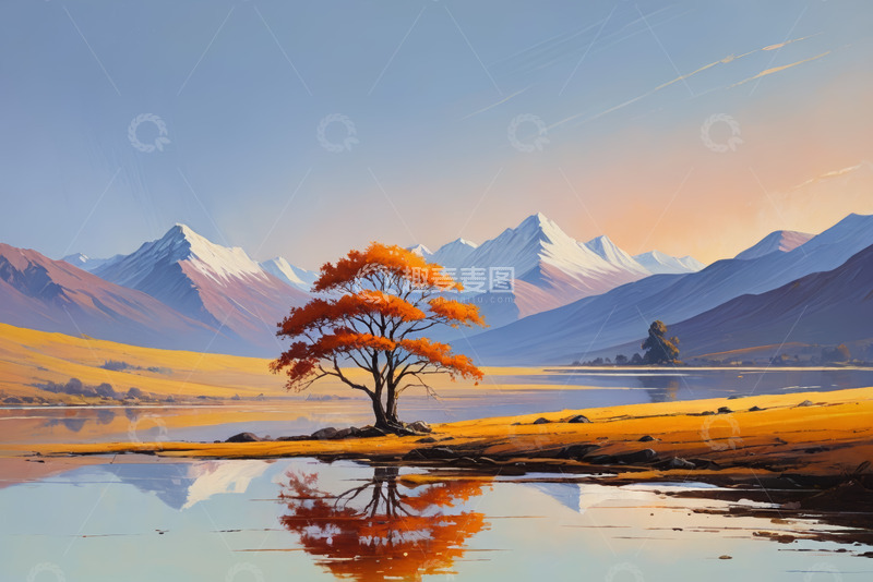 高清大图下载【趣麦麦图】湖畔孤树与远处雪山风景
