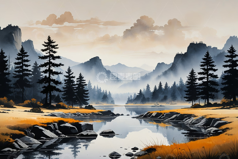 高清大图下载【趣麦麦图】山林湖泊自然风光全景