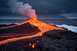 海边喷发的火山景观