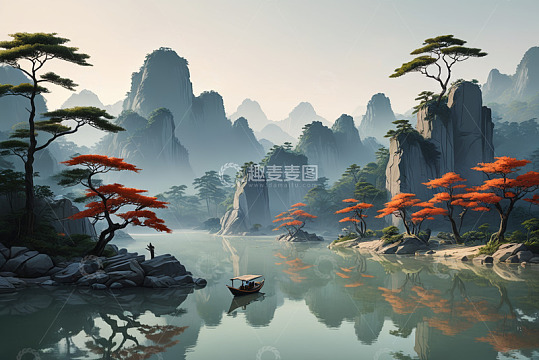 山水间小船与红叶树风景