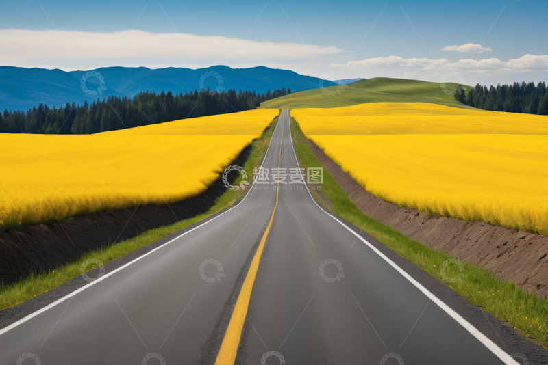 高清大图下载【趣麦麦图】公路穿行金黄花田与远山