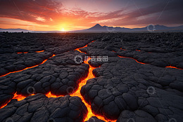 夕阳下火山熔岩流动场景