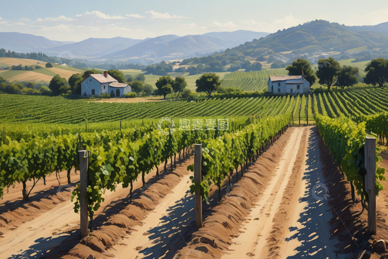 高清大图下载【趣麦麦图】田园风光中的葡萄园与农舍