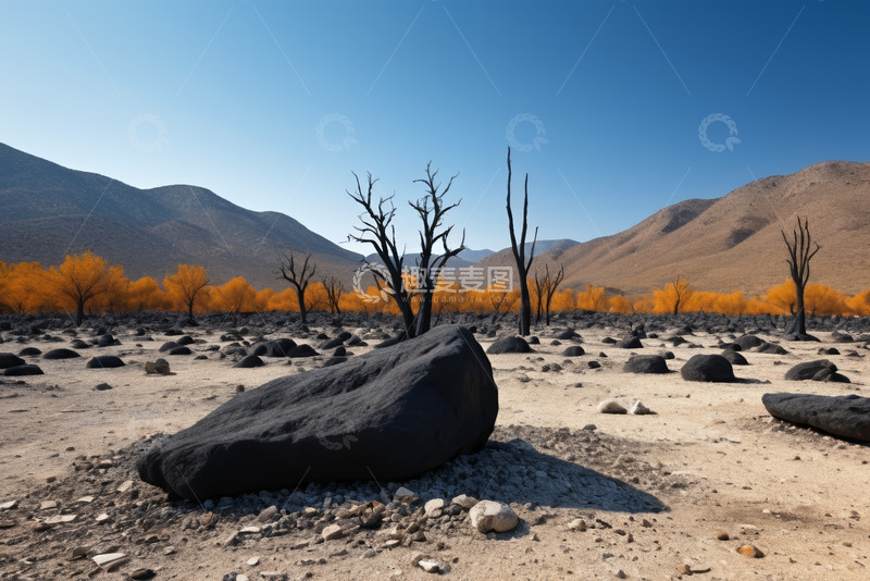 高清大图下载【趣麦麦图】沙漠荒野中的岩石与枯树景观
