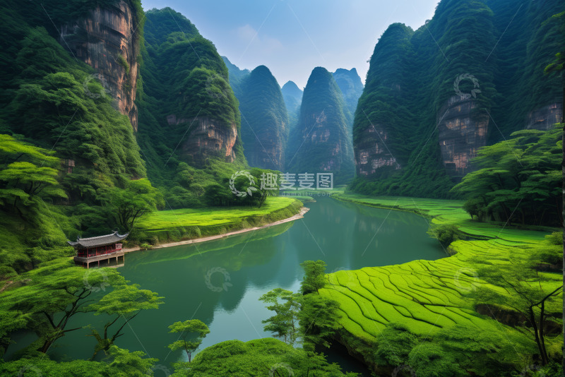 高清大图下载【趣麦麦图】山水间河流旁的中式建筑风景