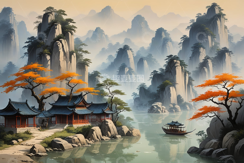 高清大图下载【趣麦麦图】古风山水间中式建筑与游船景观