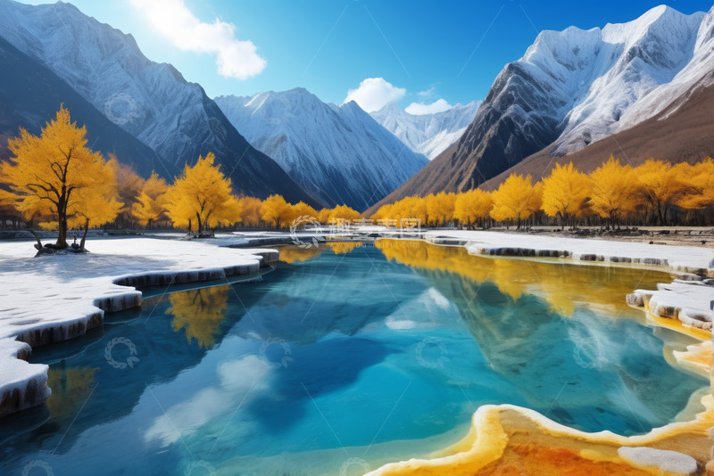 高清大图下载【趣麦麦图】雪山下的湖泊与金黄树林景观