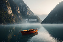湖面上的孤舟与山景