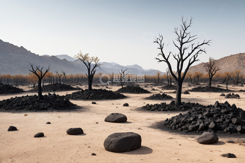 高清大图下载【趣麦麦图】非洲沙漠枯树与岩石景观