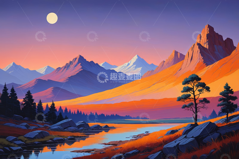 高清大图下载【趣麦麦图】月夜下的山景与湖泊风光