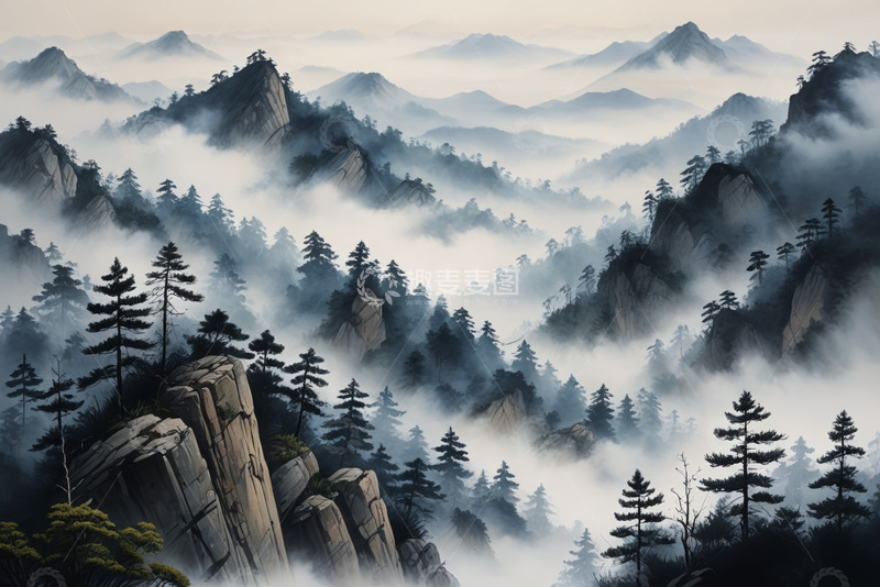 高清大图下载【趣麦麦图】水墨风格山峦云雾自然风光