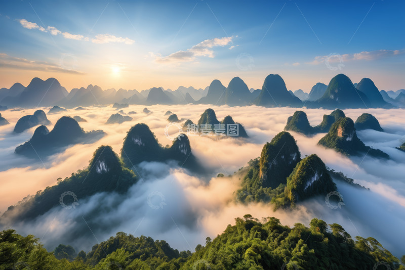 高清大图下载【趣麦麦图】桂林山水云雾缭绕全景