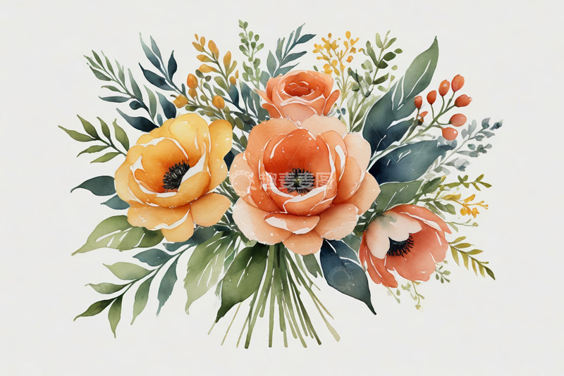 高清大图下载【趣麦麦图】水彩风格花卉花束插画