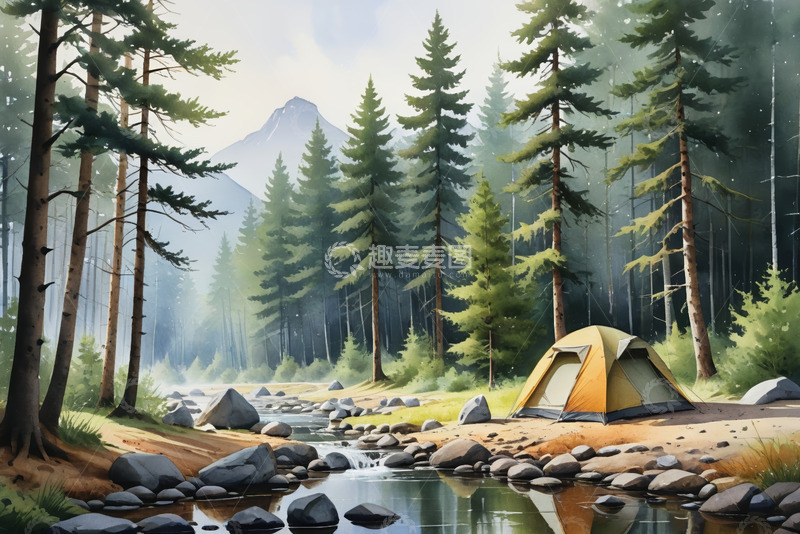高清大图下载【趣麦麦图】森林溪边的露营场景