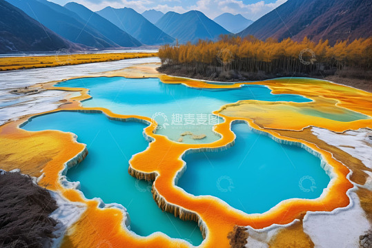 山间五彩斑斓的湖泊景观