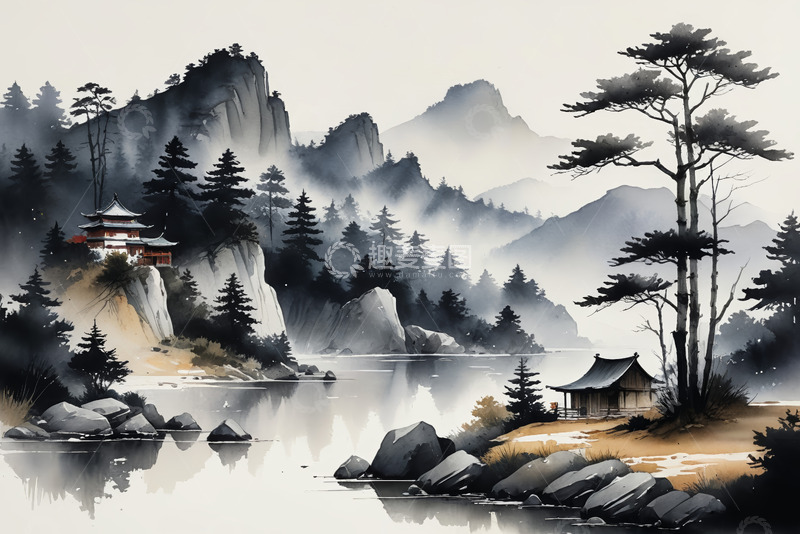 高清大图下载【趣麦麦图】水墨风格山水古建筑风景