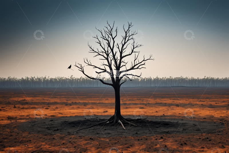 高清大图下载【趣麦麦图】旷野中孤独枯树与飞鸟