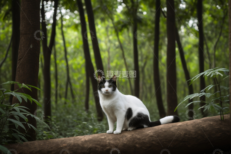 高清大图下载【趣麦麦图】森林中黑白猫坐于木头上