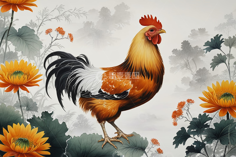 高清大图下载【趣麦麦图】公鸡立于花卉间的插画