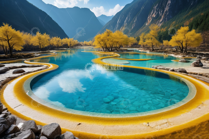 高清大图下载【趣麦麦图】山间五彩斑斓的钙化池风光