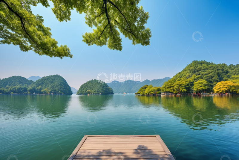 高清大图下载【趣麦麦图】湖边木质平台山水自然风光