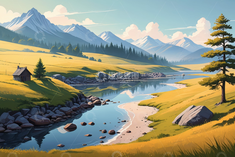 高清大图下载【趣麦麦图】山间草地湖泊风景