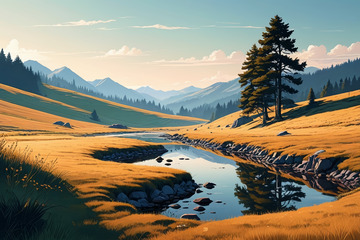 山谷间河流与草地风景