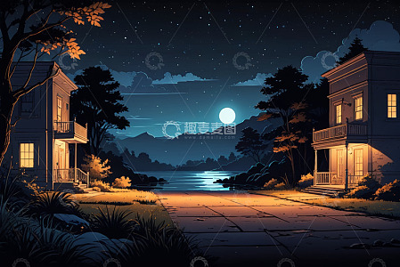 月夜下湖边的静谧房屋