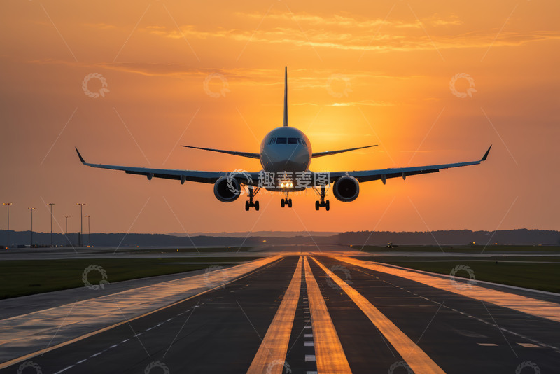 高清大图下载【趣麦麦图】夕阳下机场跑道上的降落客机