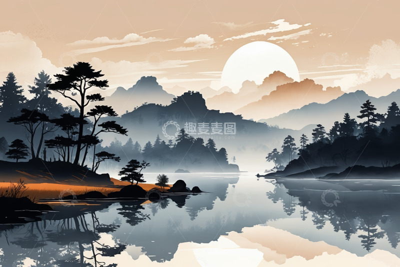 高清大图下载【趣麦麦图】山水湖泊夕阳自然风光