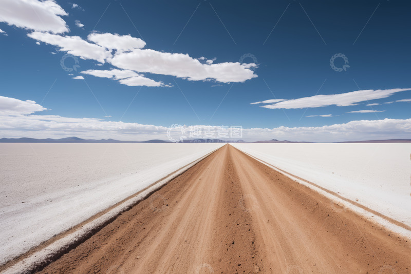 高清大图下载【趣麦麦图】盐漠中的土路与蓝天白云景观