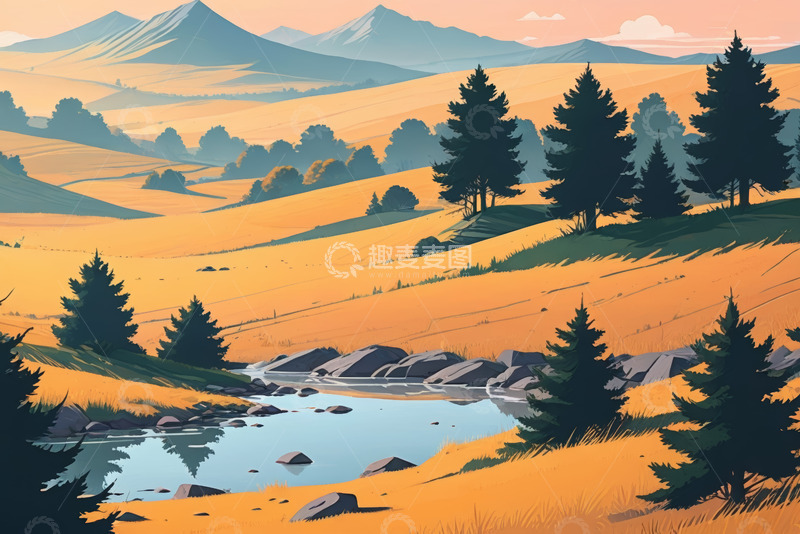 高清大图下载【趣麦麦图】山丘草原湖泊自然风光