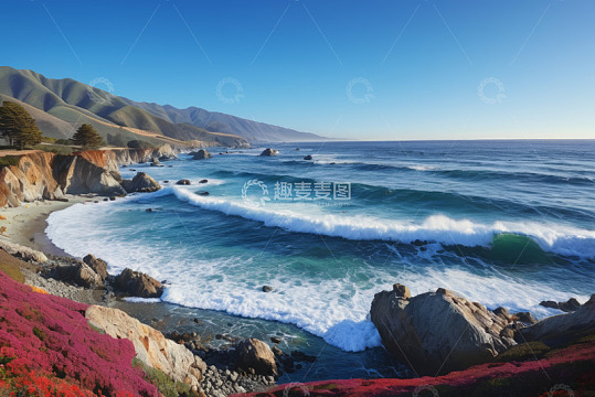 海岸边海浪拍打岩石景象