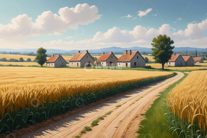 高清大图下载【趣麦麦图】麦田乡村小道与农舍风景