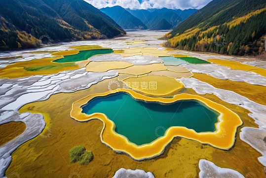 山间五彩斑斓的自然水域景观