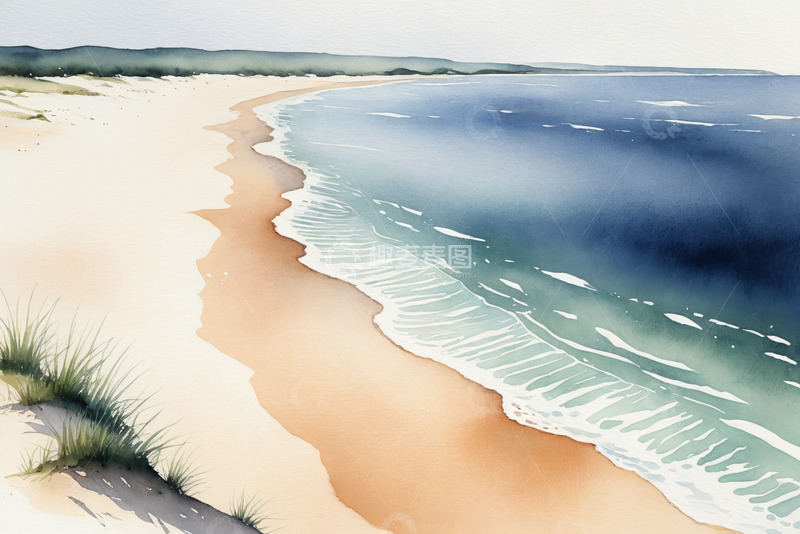 高清大图下载【趣麦麦图】海滩自然风光水彩画