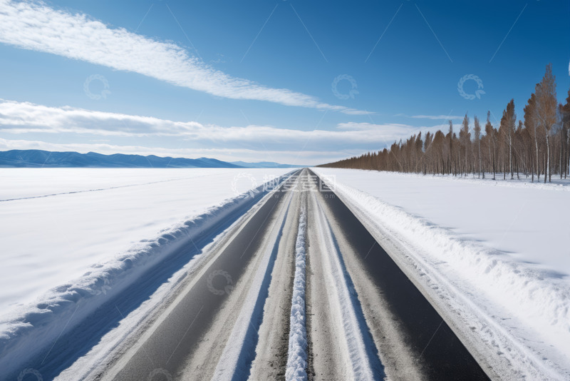 高清大图下载【趣麦麦图】冬日雪覆盖的公路与远处山林