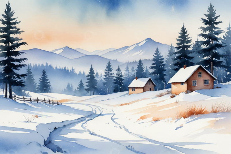 高清大图下载【趣麦麦图】冬日雪景中的乡村小屋