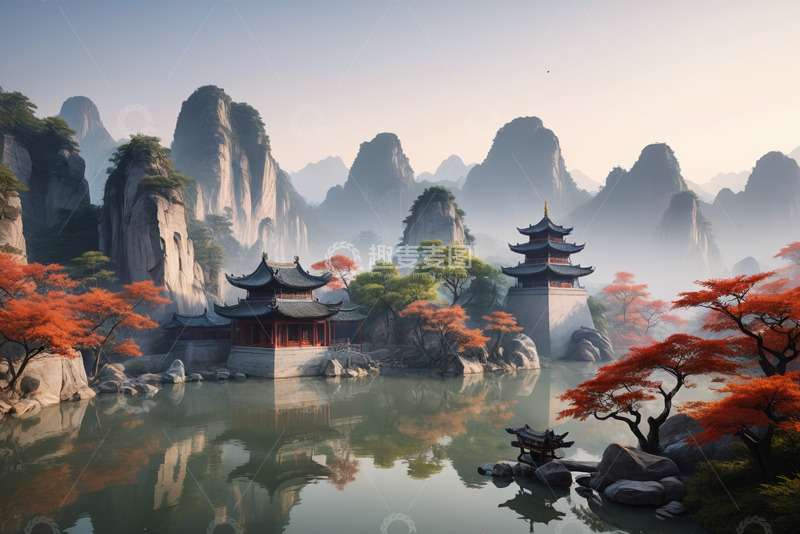 高清大图下载【趣麦麦图】古风山水间中式建筑景观