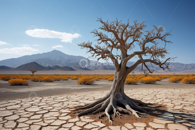 高清大图下载【趣麦麦图】沙漠中枯树立于干裂地面